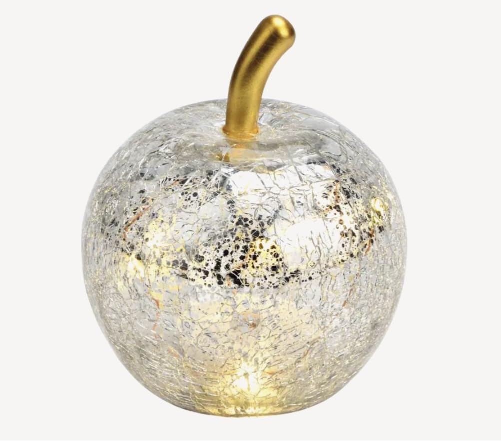 Dekorative Glas Apfel Leuchte mit LED Beleuchtung und Timer (unten), Crackle-Effekt Glas, Goldener Stiel, Weihnachtsdeko, Lampe (Silber, 27 cm)