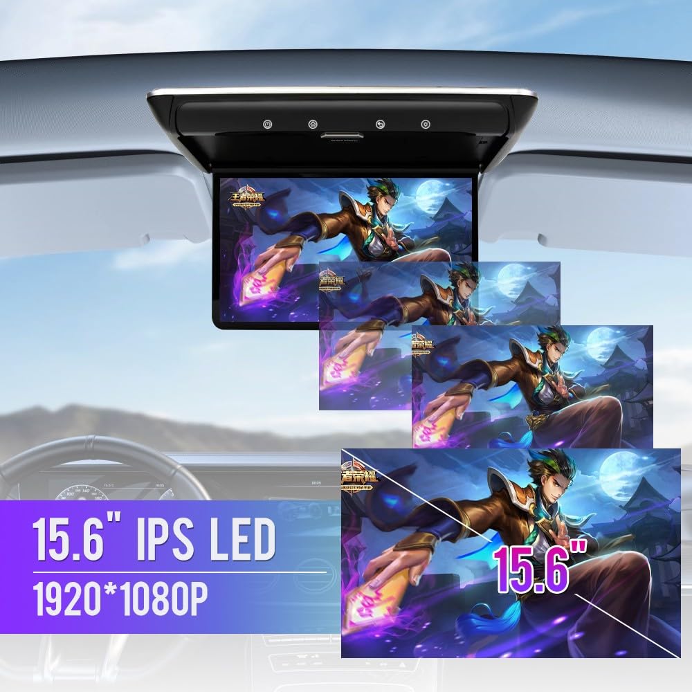 Android Car Overhead Player 15.6 Inch Wide IPS Screen Video Car Roof Mount Monitor with Built-in Stereo Speakers Flip Down Overhead Car Monitor Support Bluetooth WiFi HDMI USB NO DVD?Black-B?