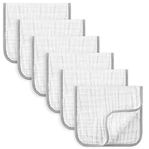 MUKIN Baby Muslin Burp Cloths, Ultra Soft Cotton Burping Cloths for Unisex Newborn Babies, Neutral Milk Spit Up Rags Boys Girls Baby Nursing Essentials Must Haves,6 Pack, 12x12 Inches, (Grey)