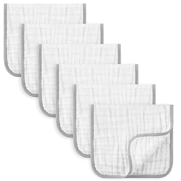 MUKIN Baby Muslin Burp Cloths, Ultra Soft Cotton Burping Cloths for Unisex Newborn Babies, Neutral Milk Spit Up Rags Boys Girls Baby Nursing Essentials Must Haves,6 Pack, 12x12 Inches, (Grey)