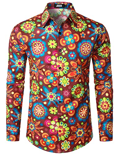 JOGAL Mens Regular fit Floral Dress Shirt Long Sleeve Printed Casual Button Down Shirts WineredYQ Large