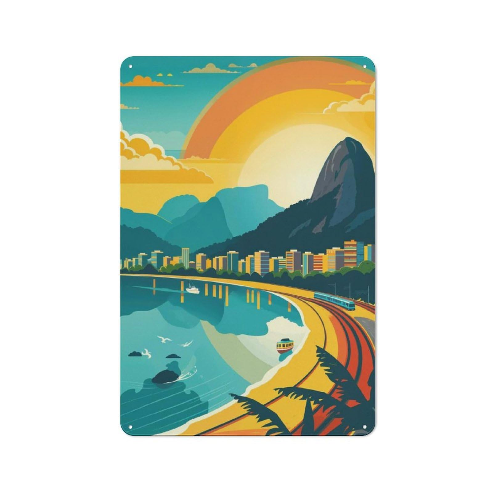 Junmoney Rio De Janeiro Cityscape Vintage Decorative Metal Plaque 30X20cm, Garden Room Wall Plaque For Shed, Garden Room, Porch Or Garage