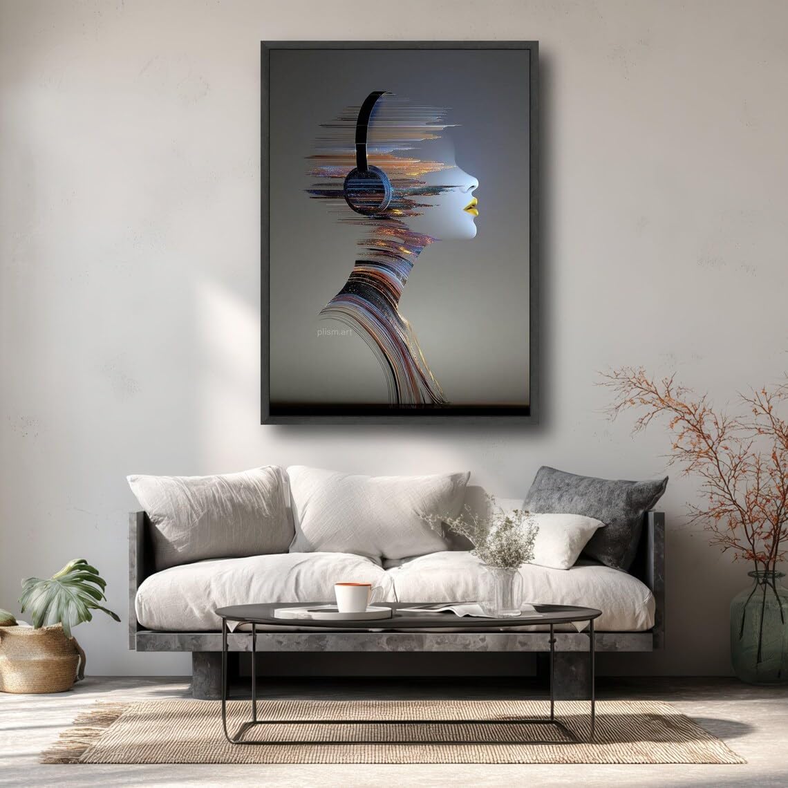 XINBAO Abstrakcyjny profil kobiety obraz na płótnie, futurystyczny zestaw słuchawkowy sztuka ścienna portret muzyczny wystrój domu artystyczny design (21 x 30 cm/wewnętrzna rama)