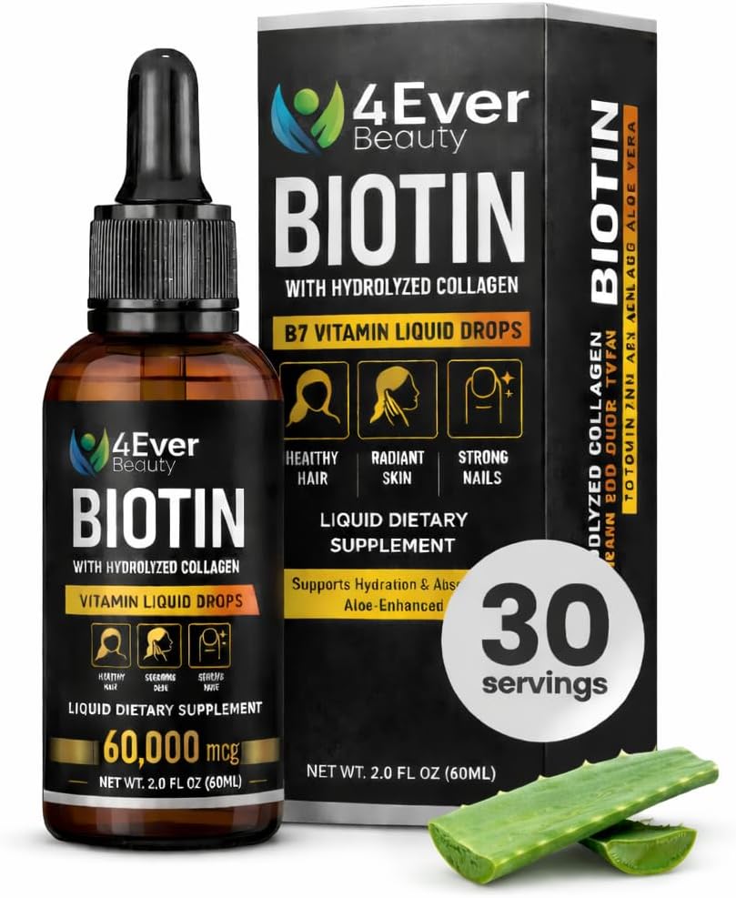 Liquid Biotin & Collagen Drops with Aloe Vera – Unique Formula 60,000 mcg - Vitamins for Hair Growth support, Strong Nails & Radiant Skin – Liquid Collagen Supplement for Women & Men – 2 fl oz