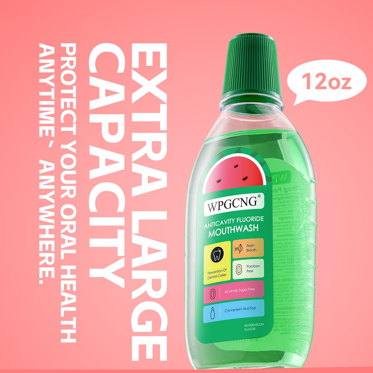 WPGCNG Total Care Anticavity Fluoride Mouthwash,Fresh Breath,Watermelon Flavor,Alcohol-Free,Gum Health,355ml(12 Fl Oz)
