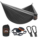 AnorTrek Camping Hammock, Super Lightweight Portable Parachute Hammock with Two Tree Straps Single & Double Nylon Hammock for Camping Backpacking Travel Hiking (Black&Gray, Single 55\'\'W x 110\'\'L)
