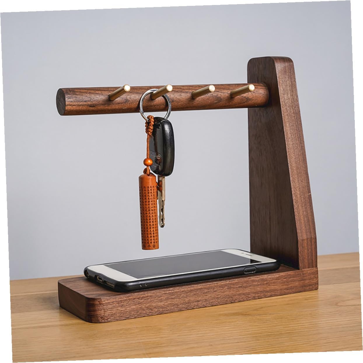 Solid Wood Walnut Key Holder Wall-Mounted Multipurpose Storage Rack with Hand-Polished Stable Hooks for Entryway, Mask and Bracelet Organizer