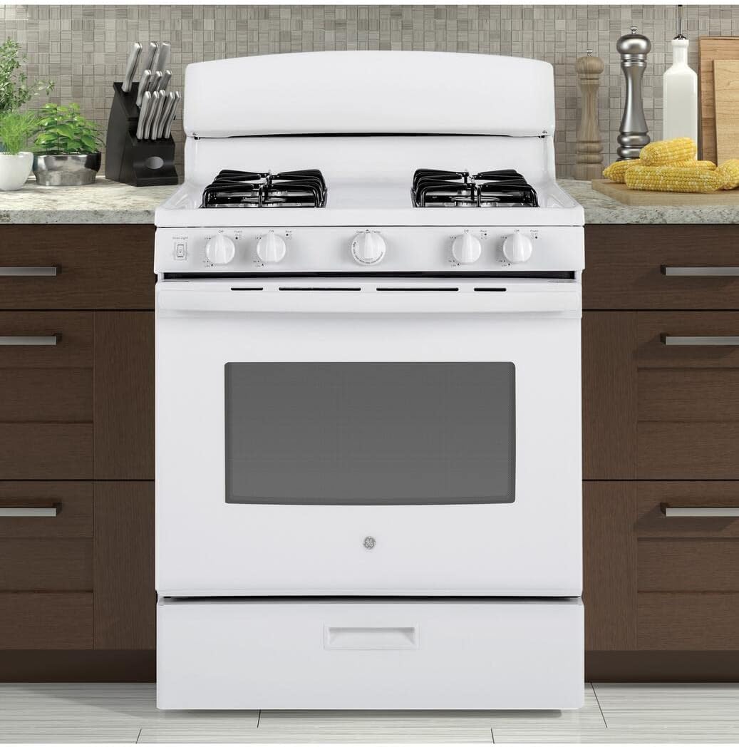 GE JGBS30DEKWW 30 Inch Freestanding Gas Range with 4 Sealed Burners, 4.8 cu. ft. Capacity, Broiler Drawer, Simmer Burner, Big View Window, LP Conversion Kit, and ADA Compliant: White