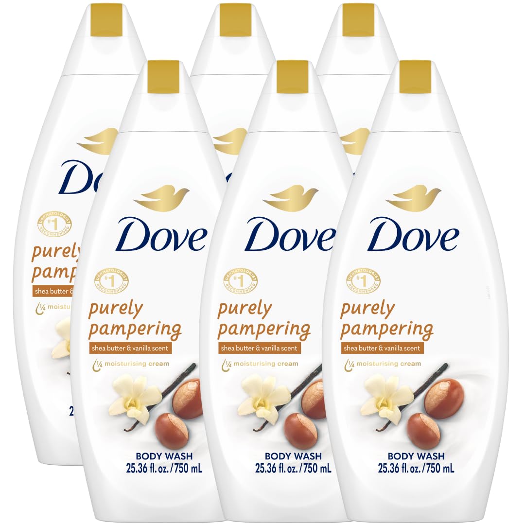 Dove Body Wash 6-Pack – Purely Pampering, Shea Butter & Warm Vanilla for Softer, Smoother Skin, 25.4 Oz Ea