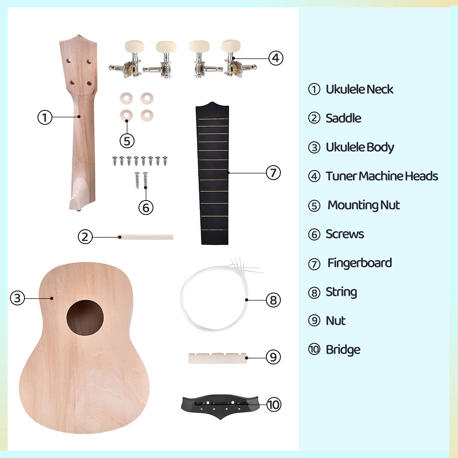 Kit DIY Ukulélé 21 Pouces (53 Cm) à Monter Et Peindre - 4 Cordes - Bois De Tilleul - 5
