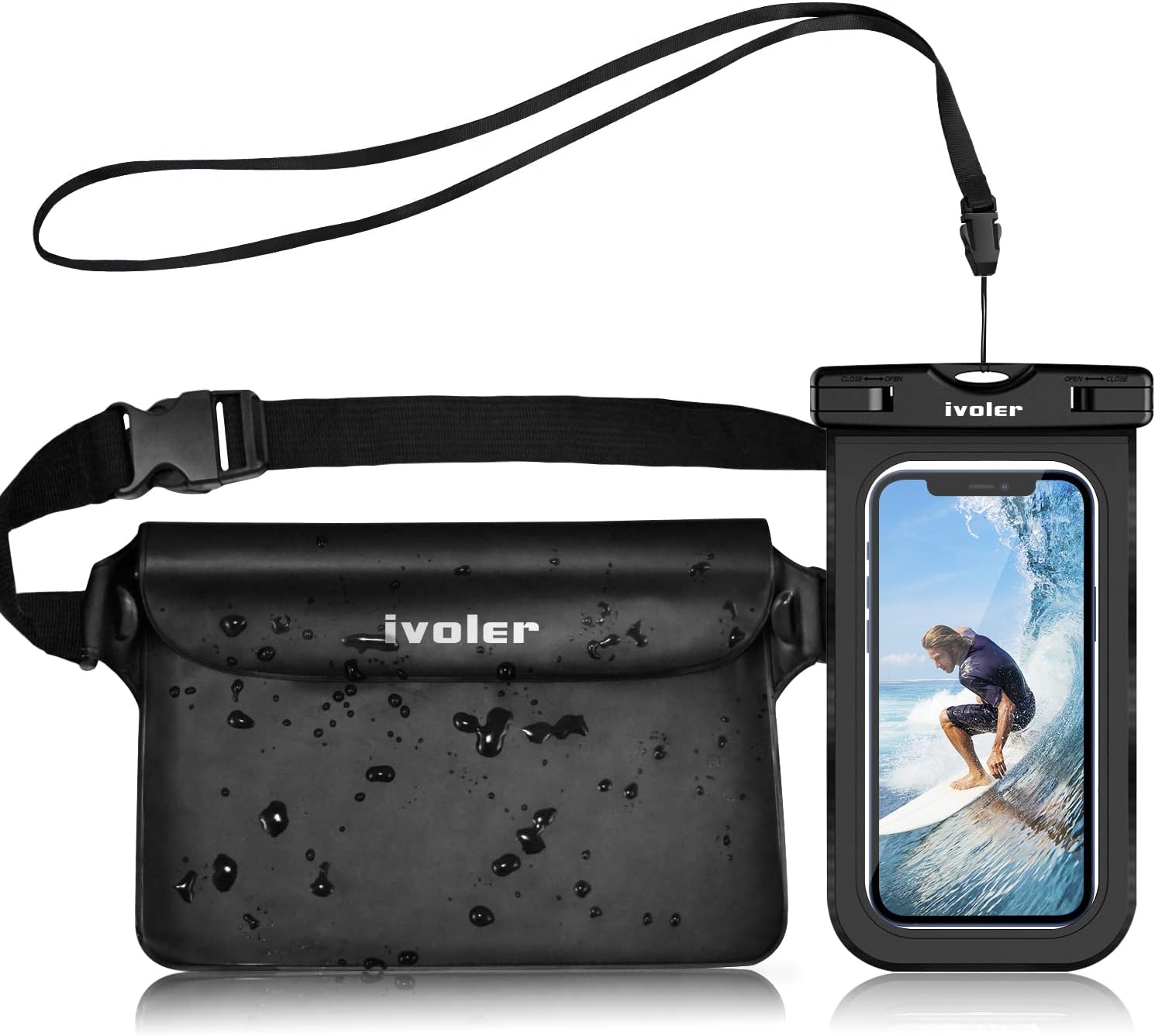 ivoler 2-Pack Waterproof Fanny Pack & Phone Pouch, Dry Bag for Passport, Phone & Wallet, Floating Waterproof Phone Case for Beach, Swimming, Kayaking, Boating, Cruise Essentials & Travel, Black