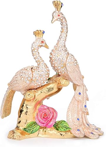 Caja de baratija blanca de pavo real con bisagras pintadas a mano, adornos decorativos únicos, regalo único para la familia