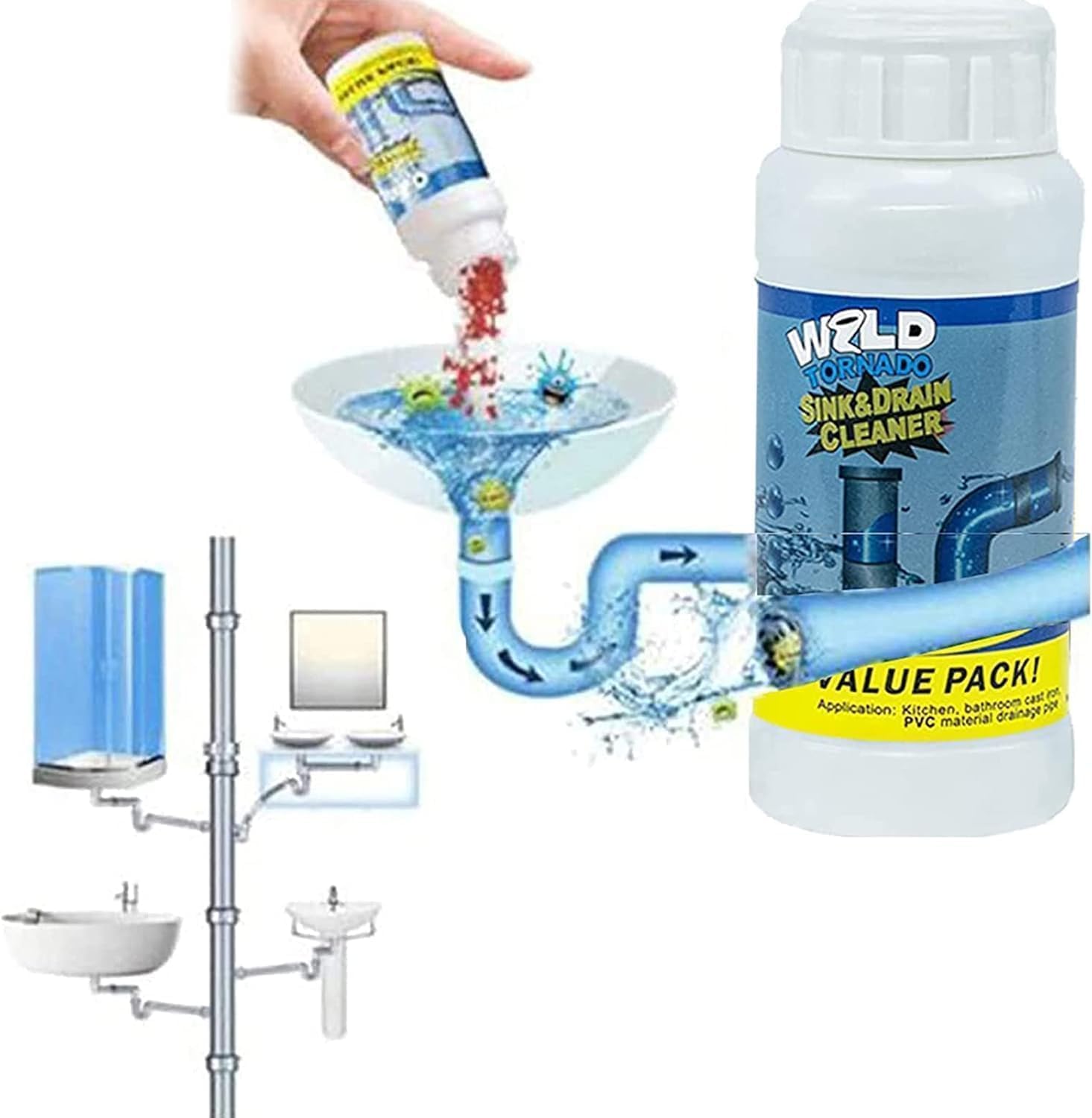 Powerful Sink and Drain Cleaner, Portable Powder Cleaning Tool for Kitchen Toilet Pipe, Unscented, Solid, Removes Clog, Eliminates Odor