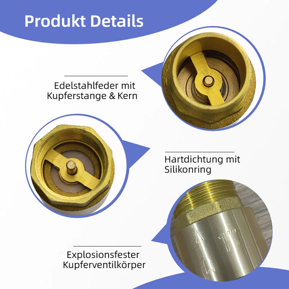Messing Rückschlagventil 1 Zoll - 1" IG nach 1" AG, DN25 Rückflussverhinderer, Rostfrei Wasserdicht für Wasserleitung, Warmwasserbereiter, Geschirrspüler