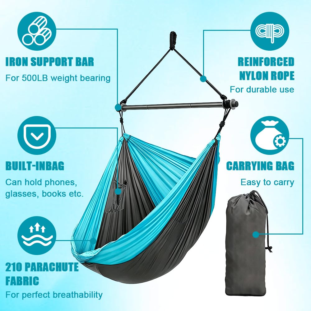 Amaca sospesa, sedia sospesa con capacità di 150 kg, altalena per interni ed esterni con viti di fissaggio, altalena portatile per campeggio, viaggi, escursionismo, tenda e portico (celeste)
