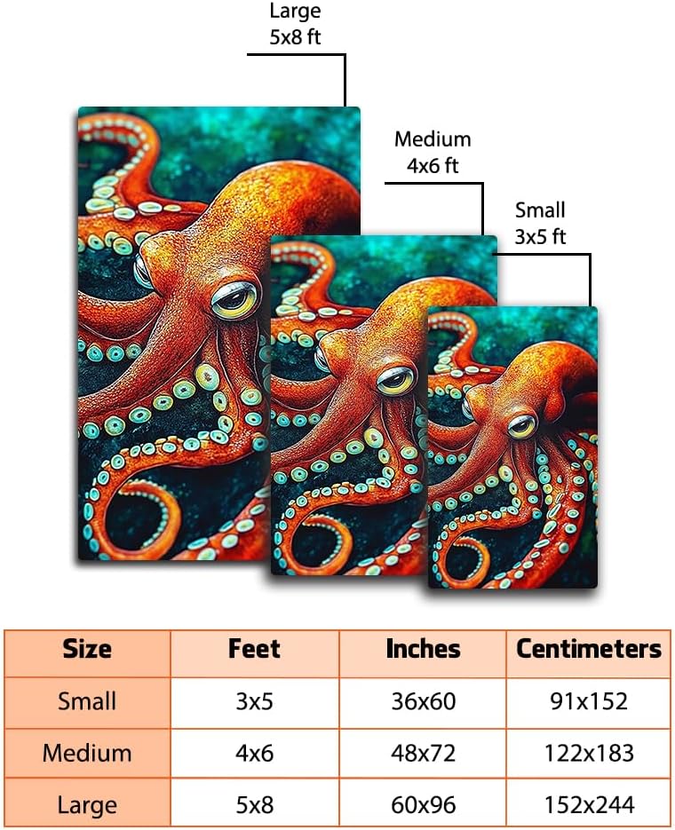 Personalized Octopus Rug - Huge Orange Octopus Rug - Octopus Rugs Bathroom Non-Slip Nautical Octopus Rug for Living Room Bedroom Ocean Animal Octopus Rugs Octopus Theme Outdoor Rug Soft Washable