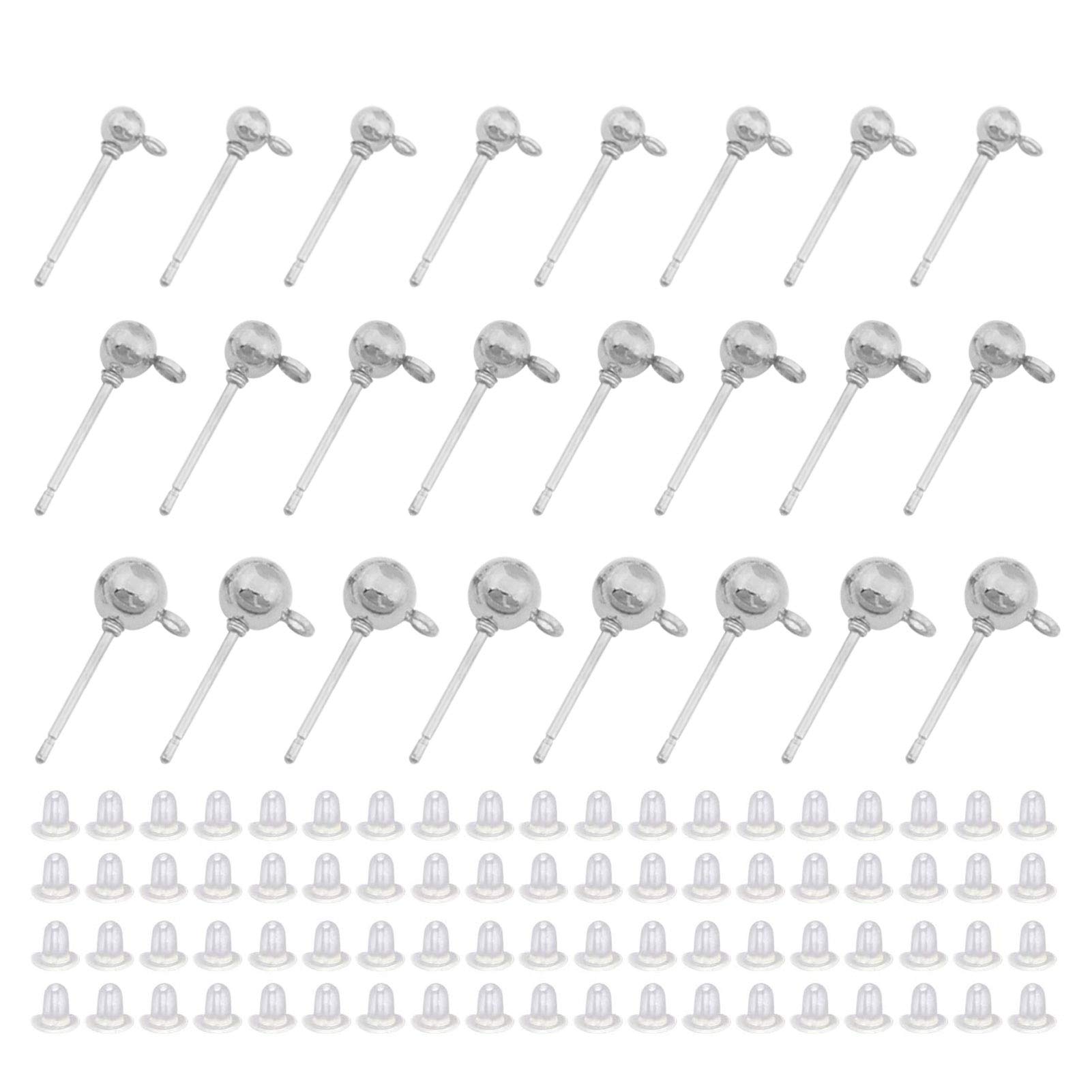 150 Pcs Ball Earring Studs with 200pcs Rubber Earring Safety Backs，Round Earrings Hypoallergenic Ball Post Earring with Loop Spherical Earrings for DIY Jewelry Earring Making