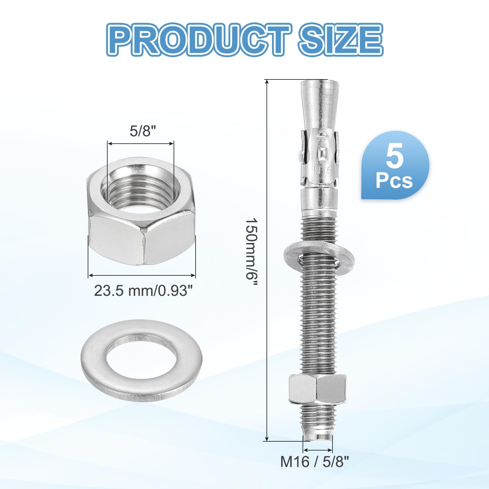 QUARKZMAN 5 Pcs Ancora A Cuneo, 5/8" x 6" Bulloni Per Calcestruzzo In Acciaio Inossidabile, Standard Resistente Per Bracket Parete Cemento (Include Rondelle Dadi, Tono Argento)
