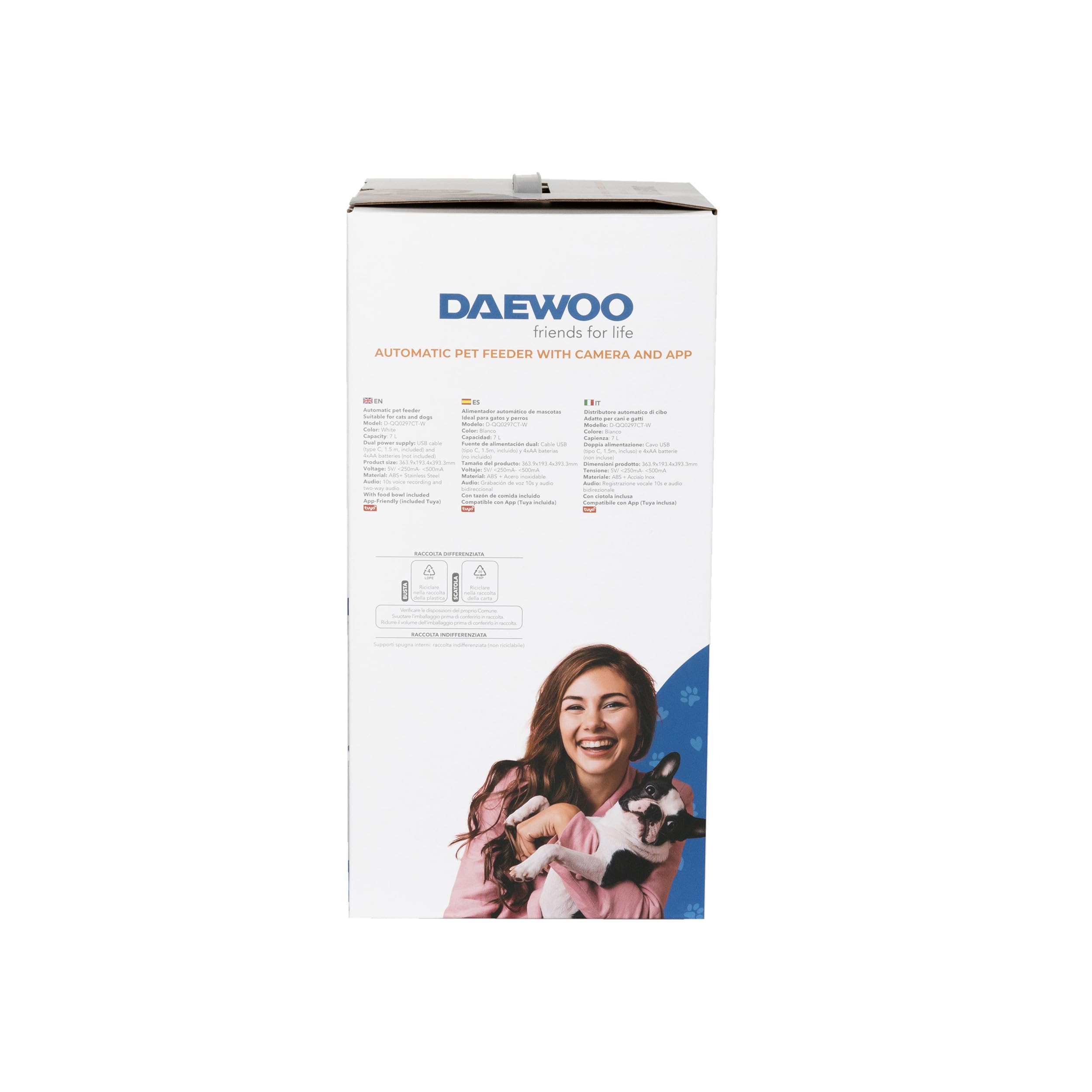 Daewoo - Distributore Automatico Cibo Gatti e Cani con Telecamera HD, Capacità 7L, Alimentazione Programmata Fino a 15 Pasti al Giorno, Microfono Integrato, Controllo Remoto tramite App Tuya