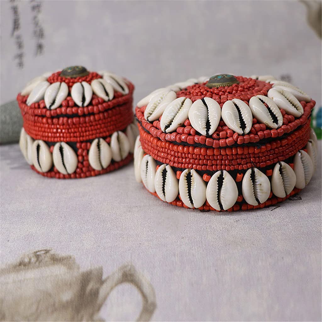 GANFANREN 2 Pcs White Shell Bead Decorating Tibetan Retro National Style Jewelry Storage Box for Earrings Vintage Box
