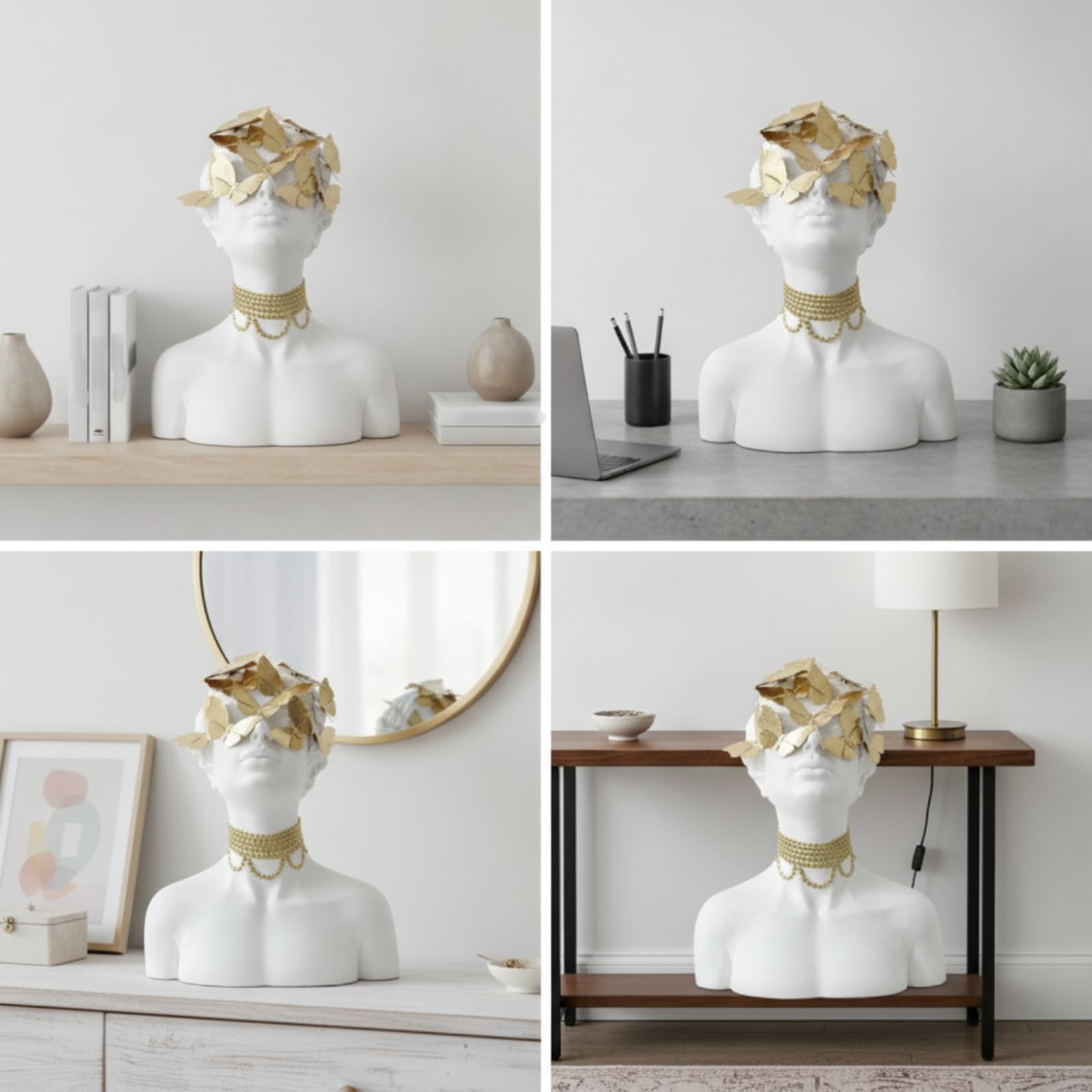 Figurilla de Resina Ornamento Moderno Busto Femenino Estatua Decorativa Escultura de Mesa con Mariposas y Collar Decorativo Adecuada para Sala de