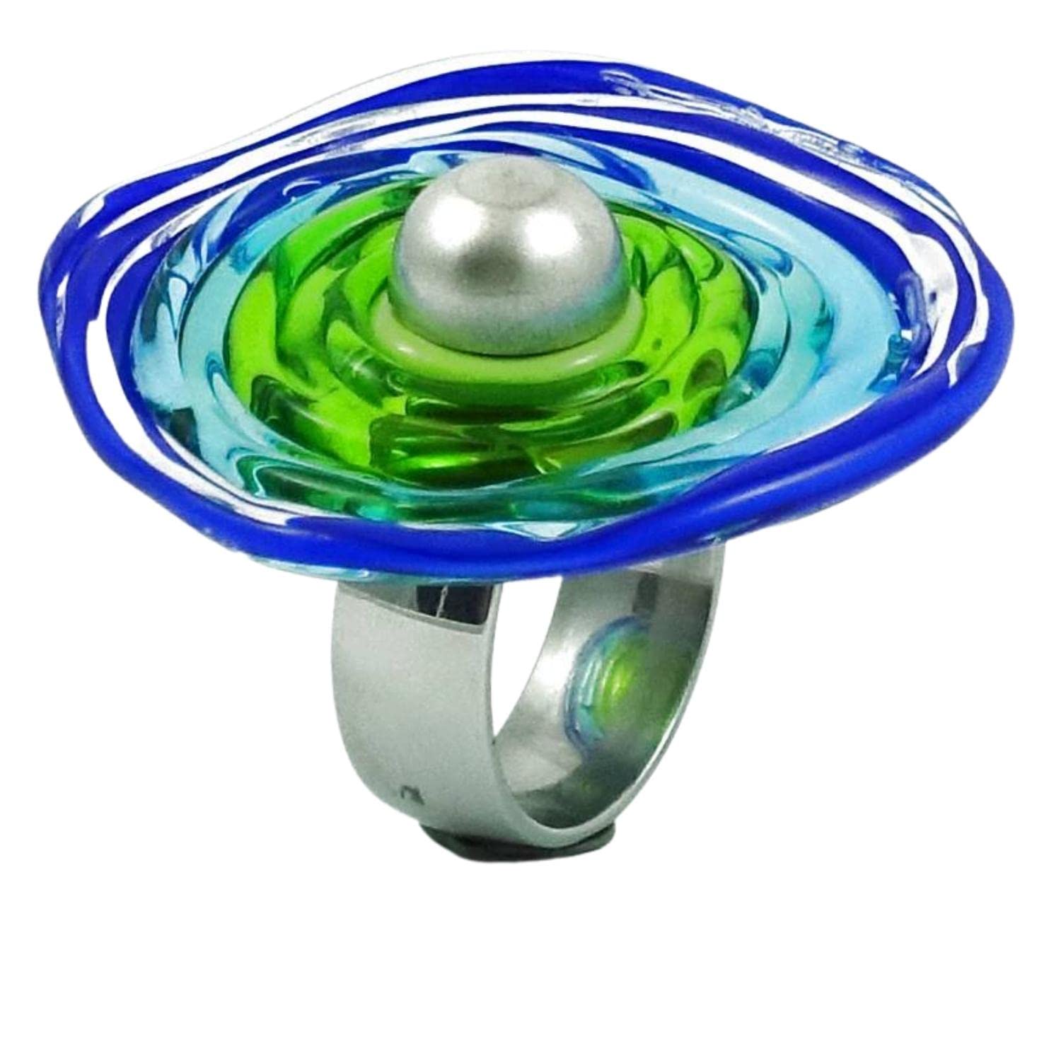 Edelstahl-Ring mit Scheibe aus Murano-Glas in blau grün/PASST IMMER/verstellbar (16-21) / Wechsel-Ring/Personalisiertes Geschenk für sie zu Valentinstag Jahrestag Hochzeit Geburtstag Mama