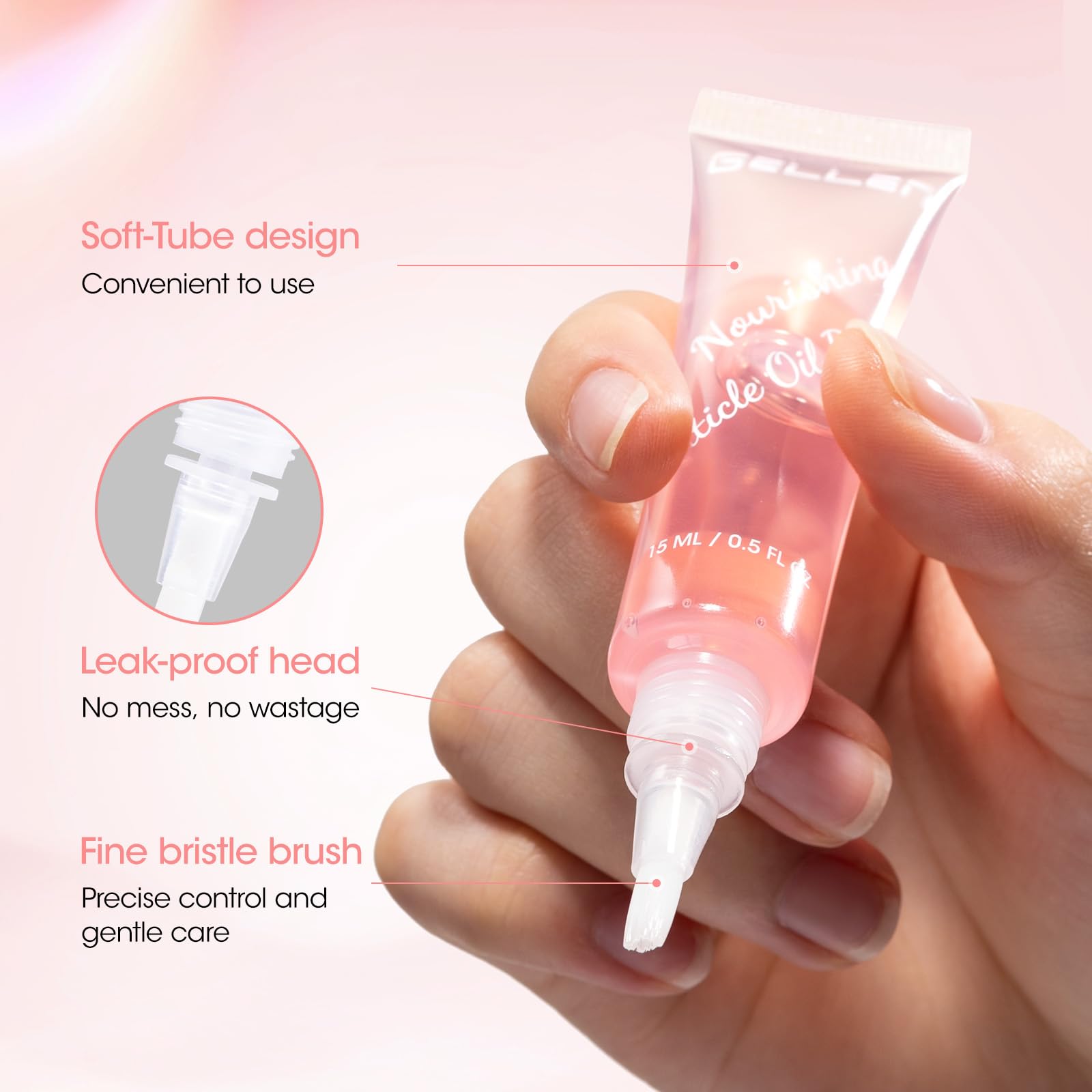 Gellen Huile Cuticules Ongles 15ML Avec Brosse Douce Transparent - Huile De Soin Ongle, Nourrir Ongles et Pieds Abîmés, Vernis Durcisseur Ongle, Riche En Huile de Jojoba et Vitamine E, Couleur Rose