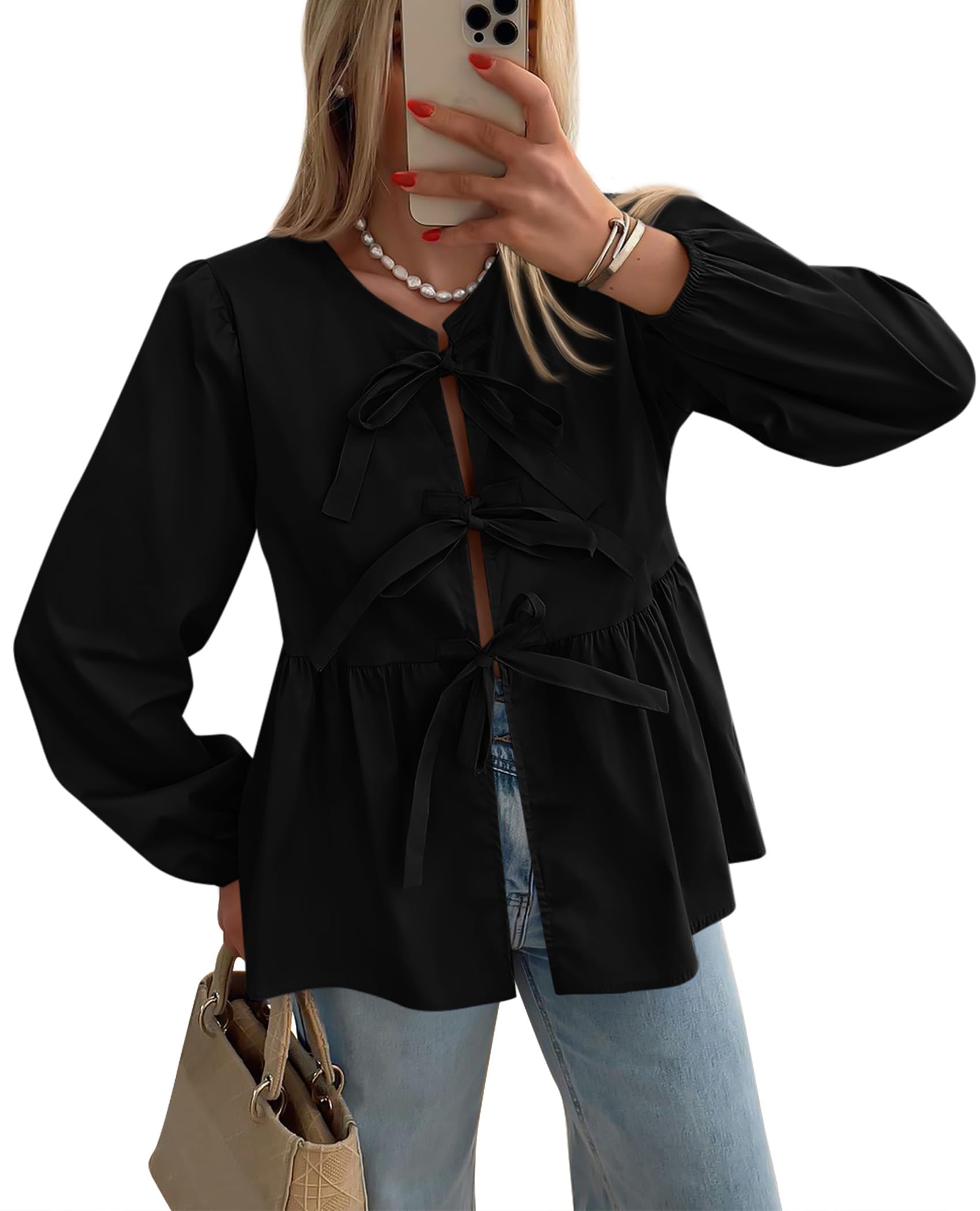 PRETTYGARDENWomen's Spring Fall Babydoll Peplum Blouse Shirt Puff Long Sleeve Bow Tie Front Trendy Cute Y2K Going Out Tops