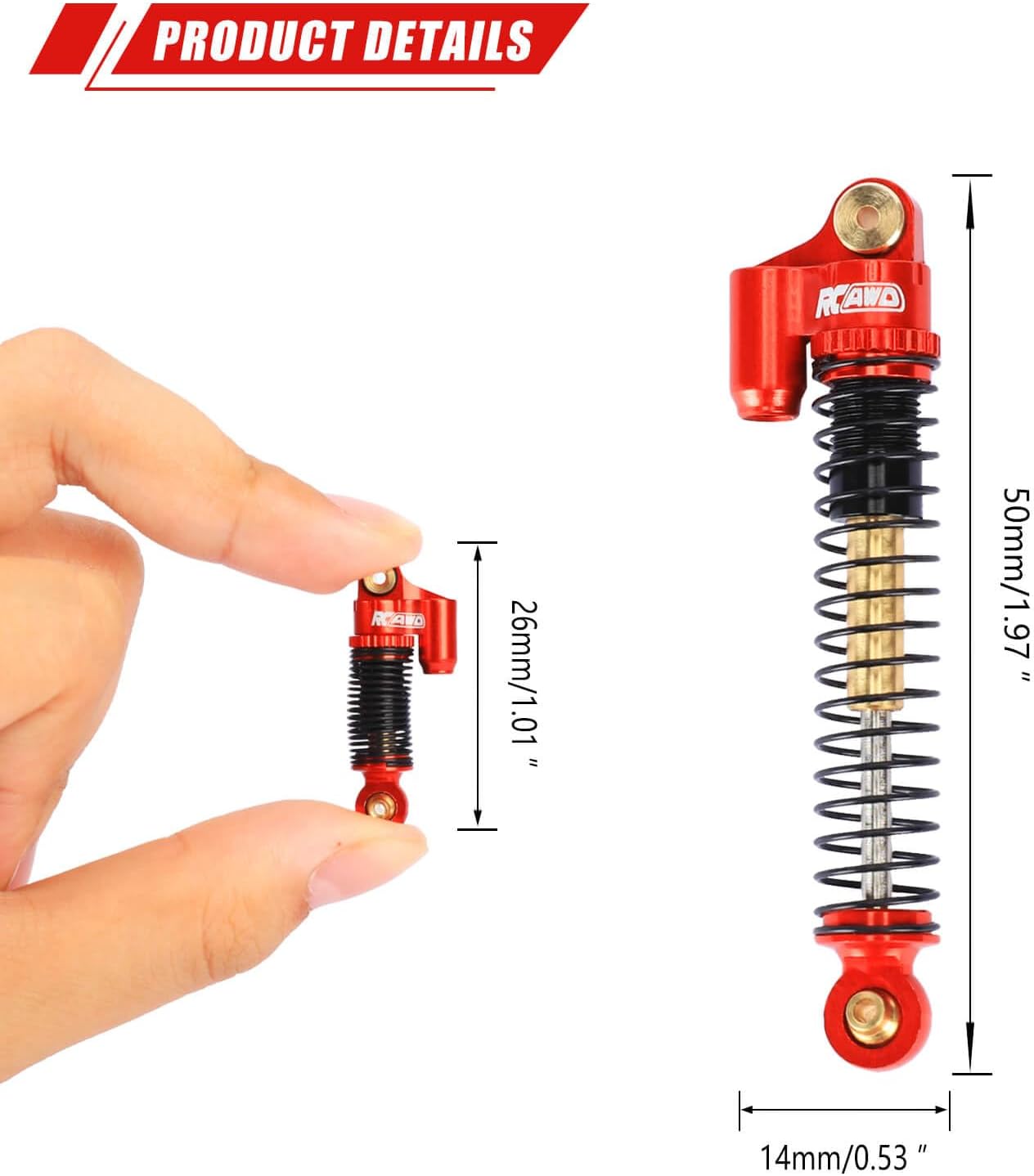 RCAWD Double Barrel Shock Absorber with Extra Springs for Axial AX24 XC-1 4WS Upgrades, Aluminum Front Rear RC Shocks Damper Parts for 1/24#AXI00003 Red