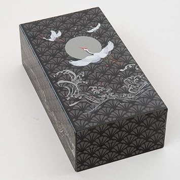 Bits and Pieces 10 Step Secret Puzzle Box Japanese Crane Puzzle Gift Box for Trinkets Money Gifts Jewelry, Full Moon and Lotus Flowers Artwork, Black and Grey Brainteaser, 3.25 x 6.25 x 2 Inches