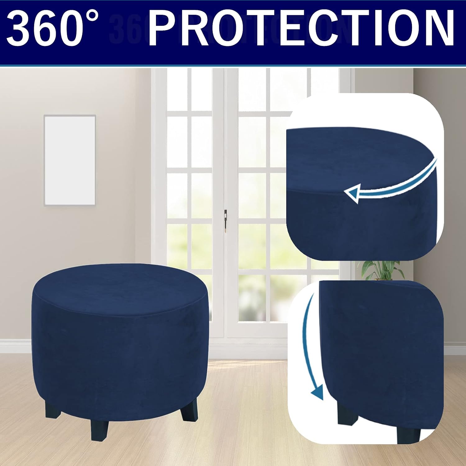 Round Ottoman Slipcover – Stretchable Footstool Cover with Elastic Bottom | Plush Velvet Fabric | Fits Storage Ottomans, Poufs & Stools (Navy, Medium)