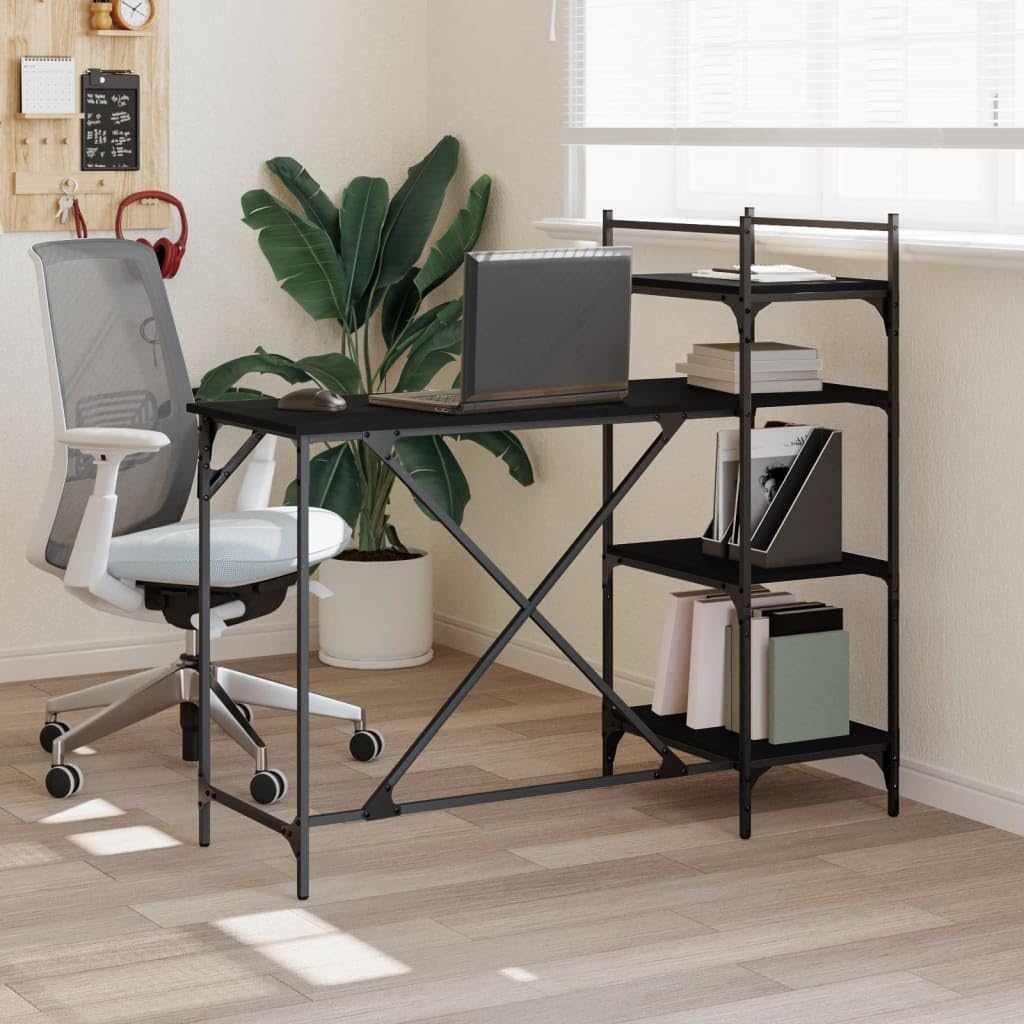 Scrivania per computer con scaffale, nero, 120 x 47 x 109 cm, robusta scrivania per bambini, gaming, studio, materiale in legno resistente, telaio in metallo