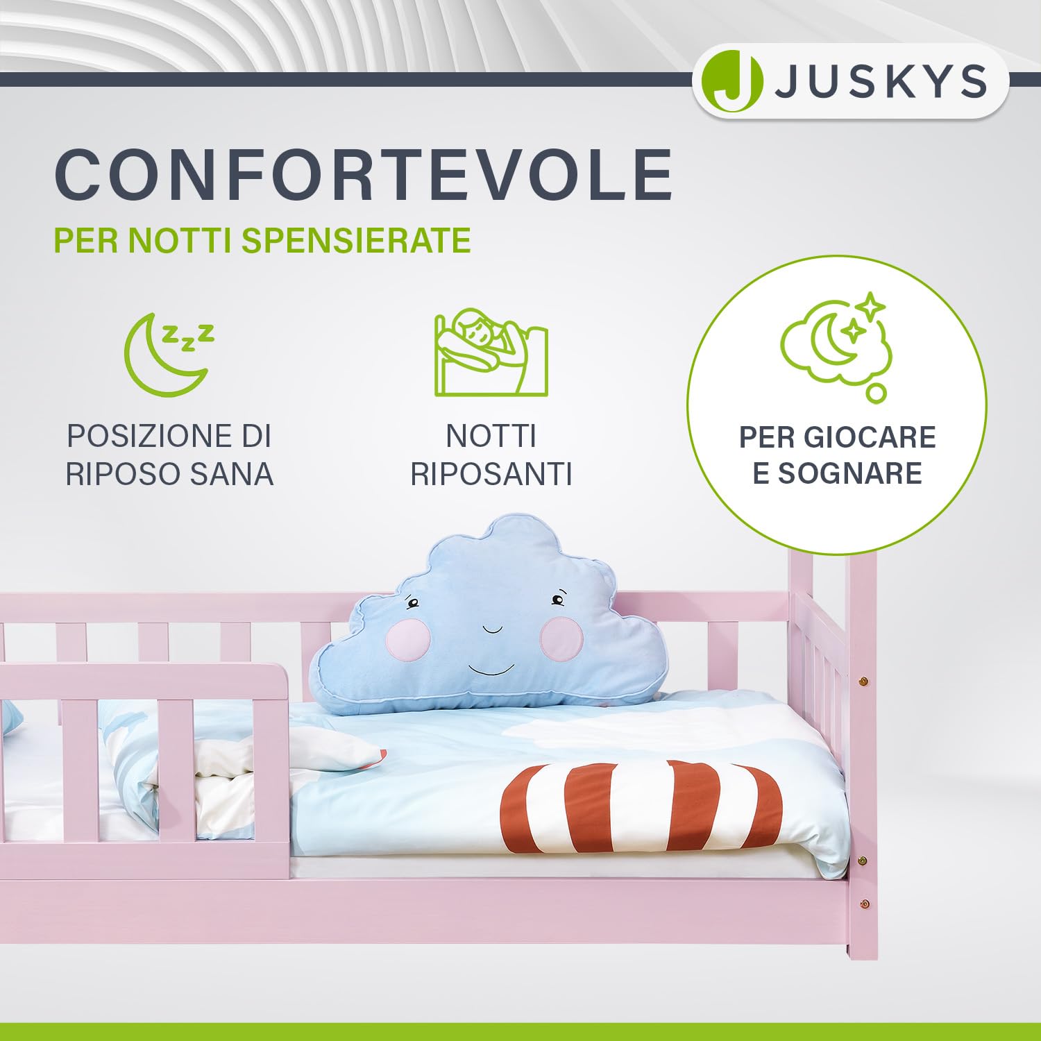 Juskys letto per bambini Marli 90 x 200 cm con barriera anticaduta, rete a doghe e tetto - Letto casetta in legno massiccio per bambini - Colore Rosa