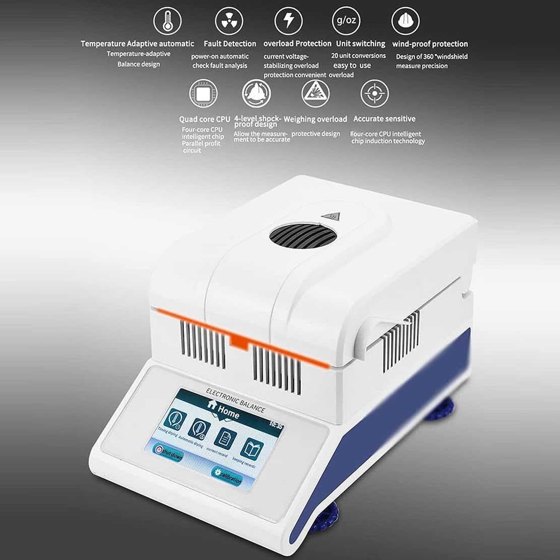 Halogen-Feuchtigkeitsmesser, digitaler Halogen-Feuchtigkeitsanalysator, 0,005 g Genauigkeit, 50/100 g Kapazität, 0,02 % Ablesbarkeit, LCD-Präzisions-Labor-Feuchtigkeitstester für Gummi/Tee/Getreide,