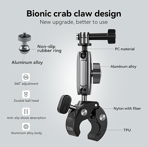 Miniatura 6 de TELESIN Soporte de cámara Super Clamp con cabezal de bola dual de 360°, soporte para manillar de bicicleta/motocicleta para GoPro Max Hero 13 12 11