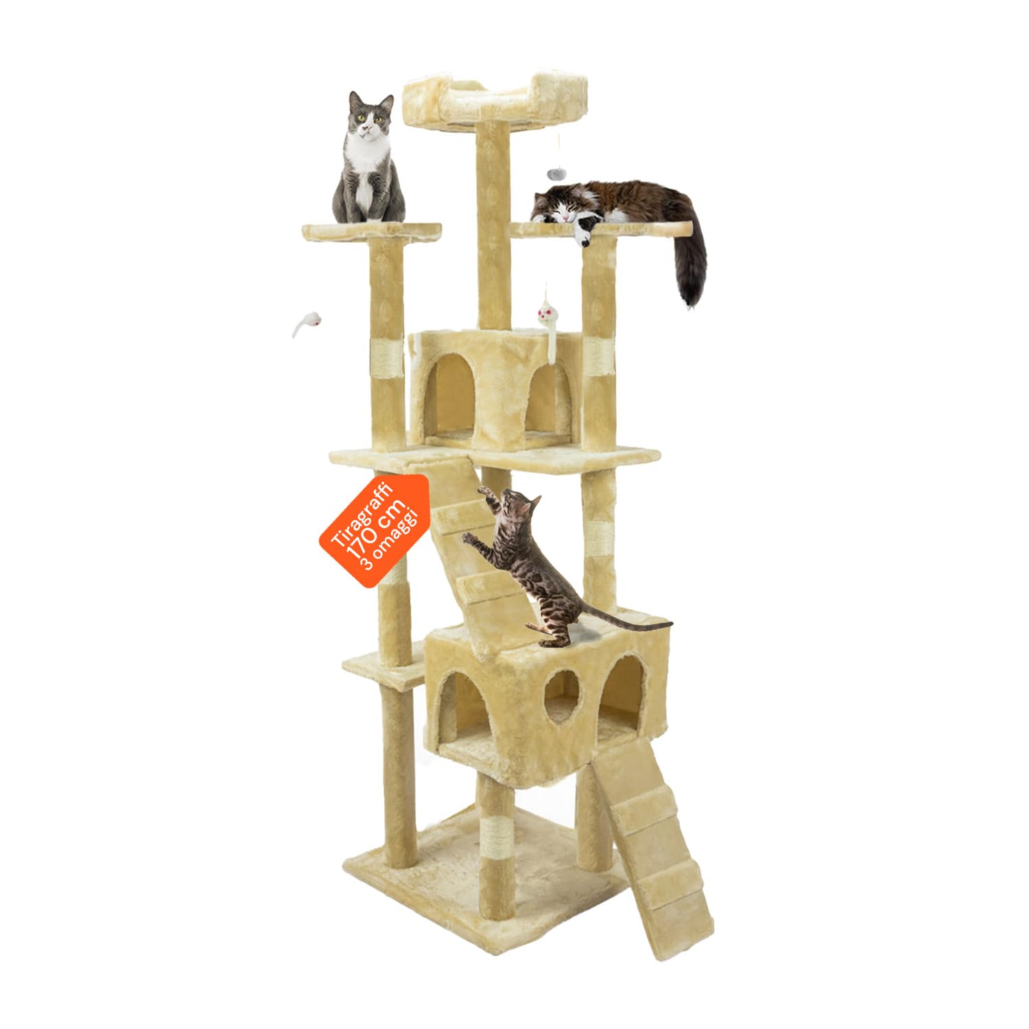 Tiragraffi da 170Cm con Cuccia per Gatti Albero Parco giochi gioco tira graffi per Gatto (Beige)