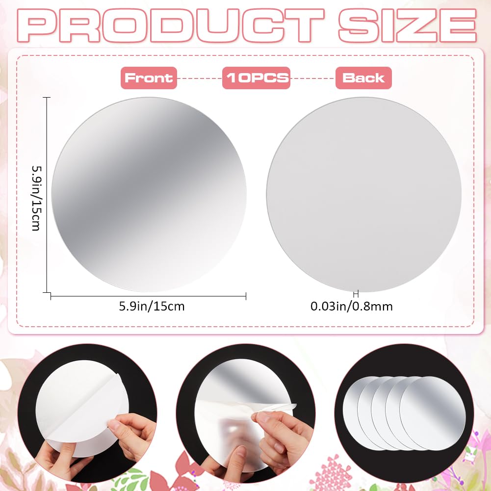 CRASPIRE 10 pcs 6 pouces Miroirs Ronds en Acrylique Plaque Sans Verre Petit Cercle Miroir Décalcomanies Pièces de Miroir Autocollants de Miroir Auto-Adhésifs pour L'Artisanat Tables de Mariage Centres