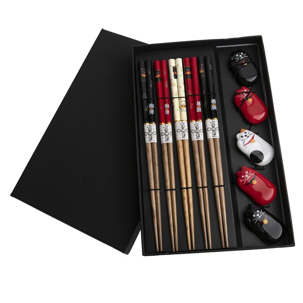 Baguettes japonaises Maneki Neko : coffret de 5 paires colorées avec supports