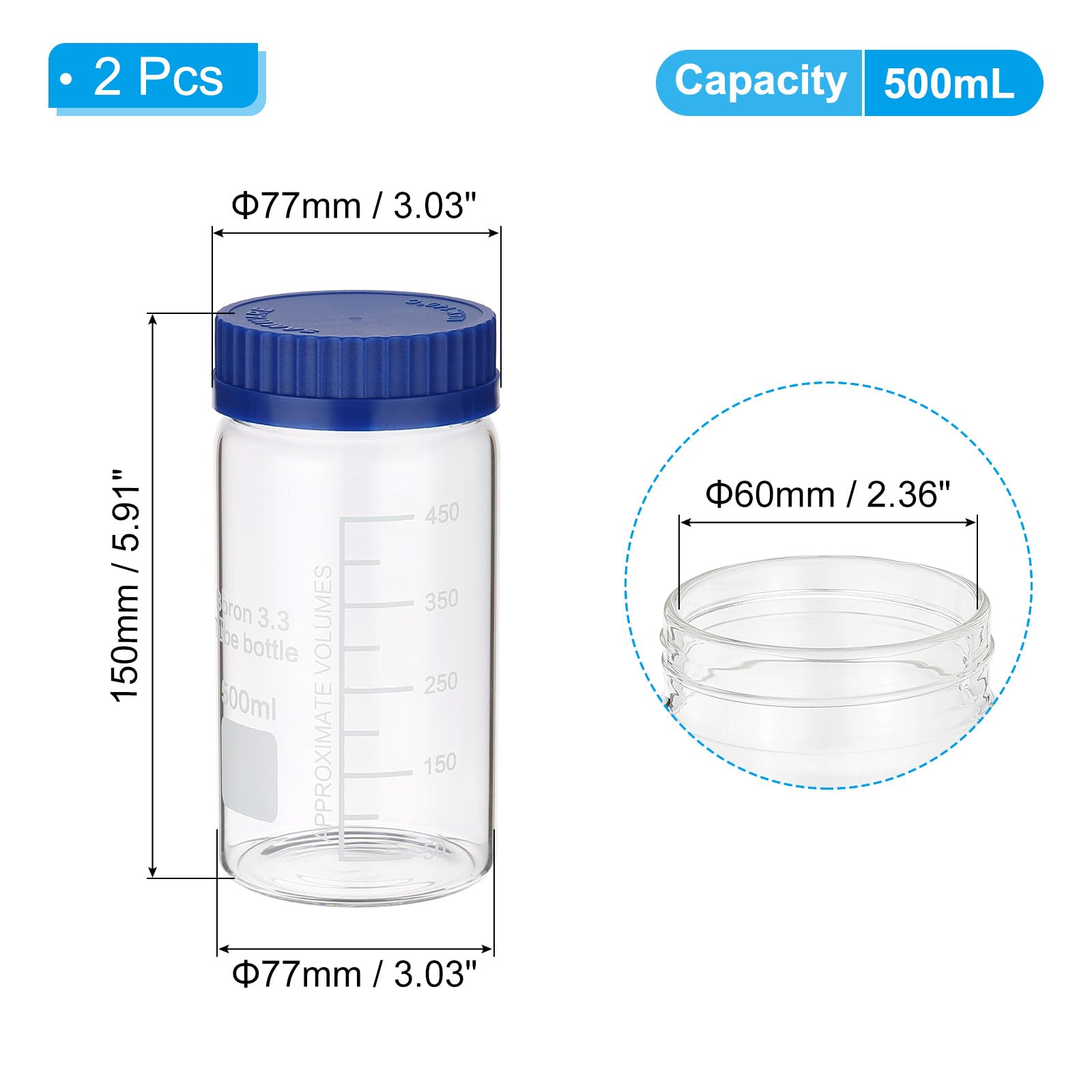 PATIKIL Paquete de 2 botellas de almacenamiento de medios de reactivo, 500 ml, botellas redondas graduadas de boca ancha con tapón de rosca azul GL32 para líquidos reactivos de agua de laboratorio,