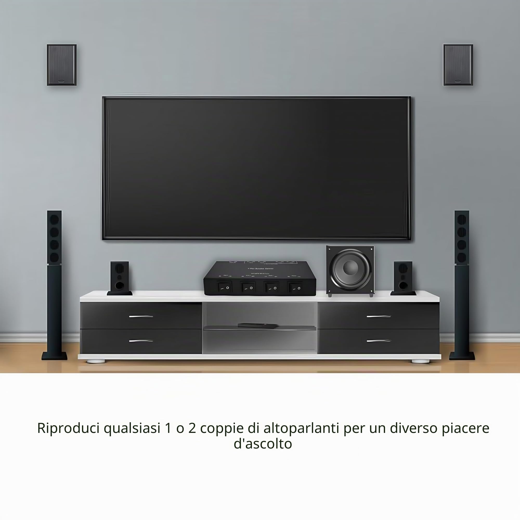 Hub di Selezione per Altoparlanti Passivi a 4 Canali, Distributore di Suono per 4 Zone, Supporta fino a 200W/Potenza Totale, Alloggiamento Quadrato Interamente in Metallo