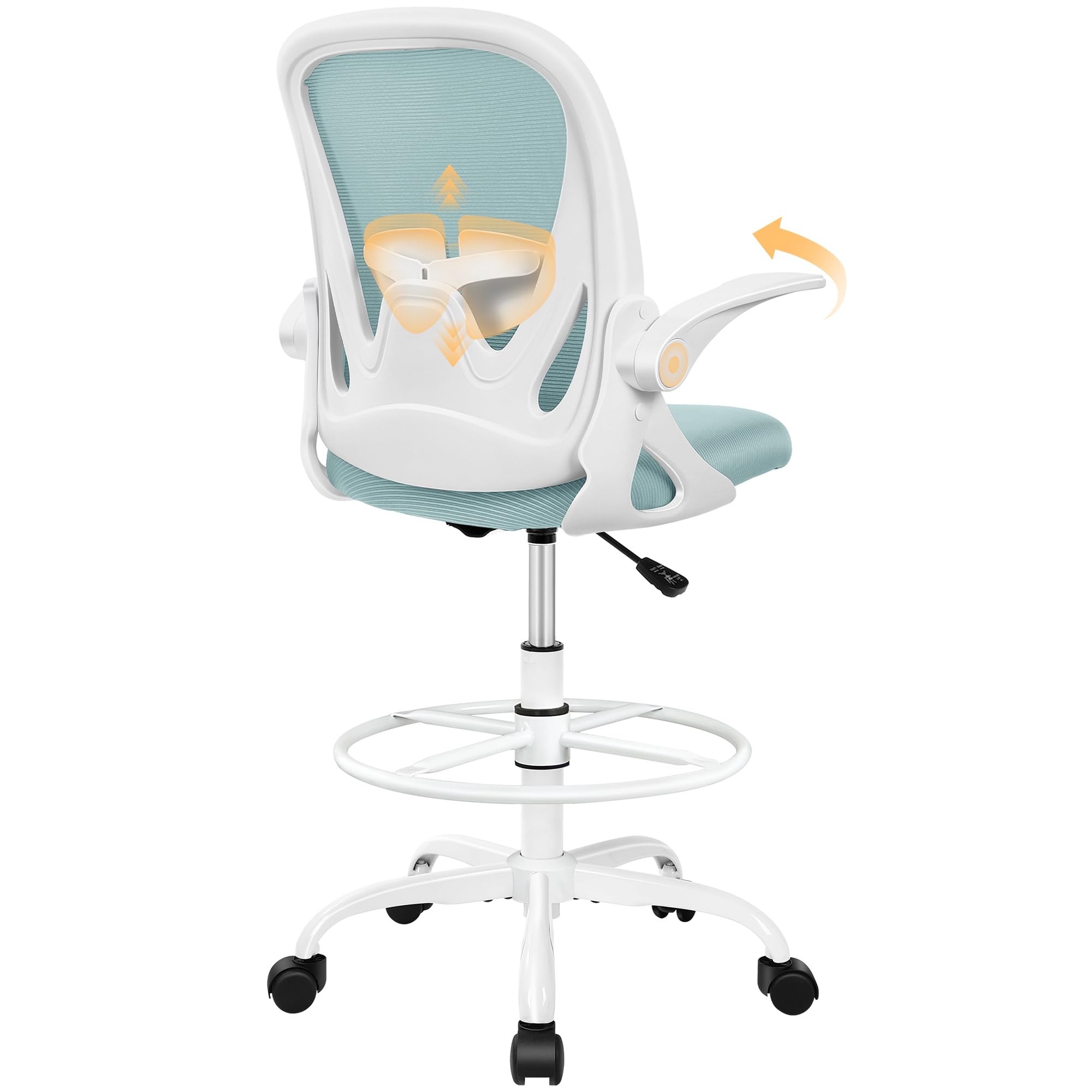 Primy Drafting Chair Tall Office Chair with Flip-up Armrests Executive Ergonomic Computer Standing Desk Chair with Lumbar Support and Adjustable Footrest Ring（Light Blue）