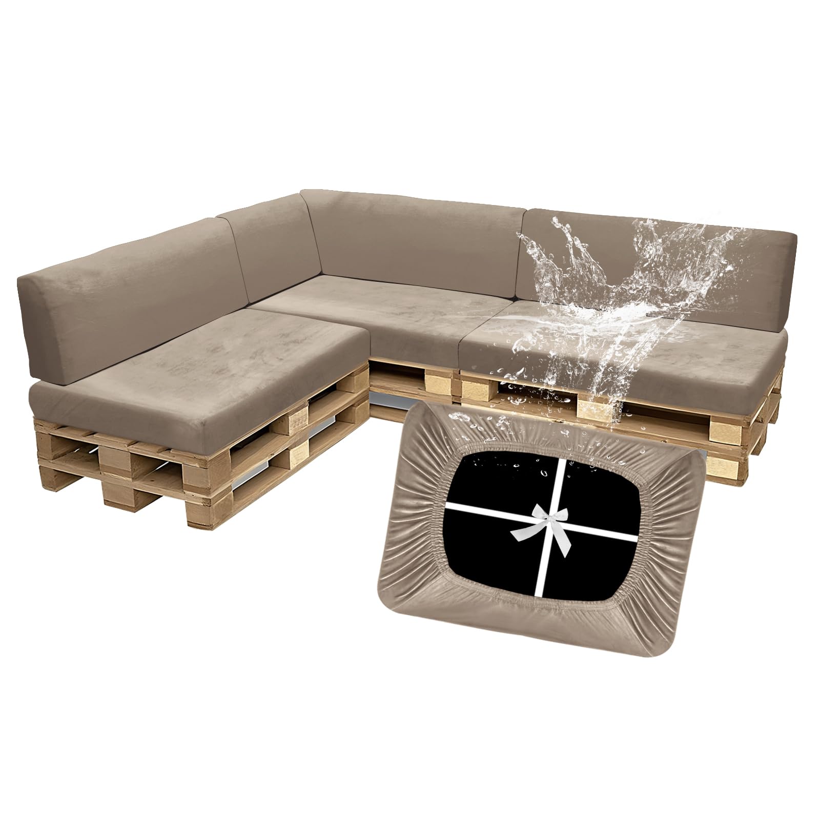 SYLC Waterproof Pallet Cushions Covers, Stretch Velvet Cover for Pallet Furniture Cushions, Outdoor Corner Sofa Covers for Rattan Wooden Patio Garden (Taupe,7 PCS(3 Seats+4 Backs))
