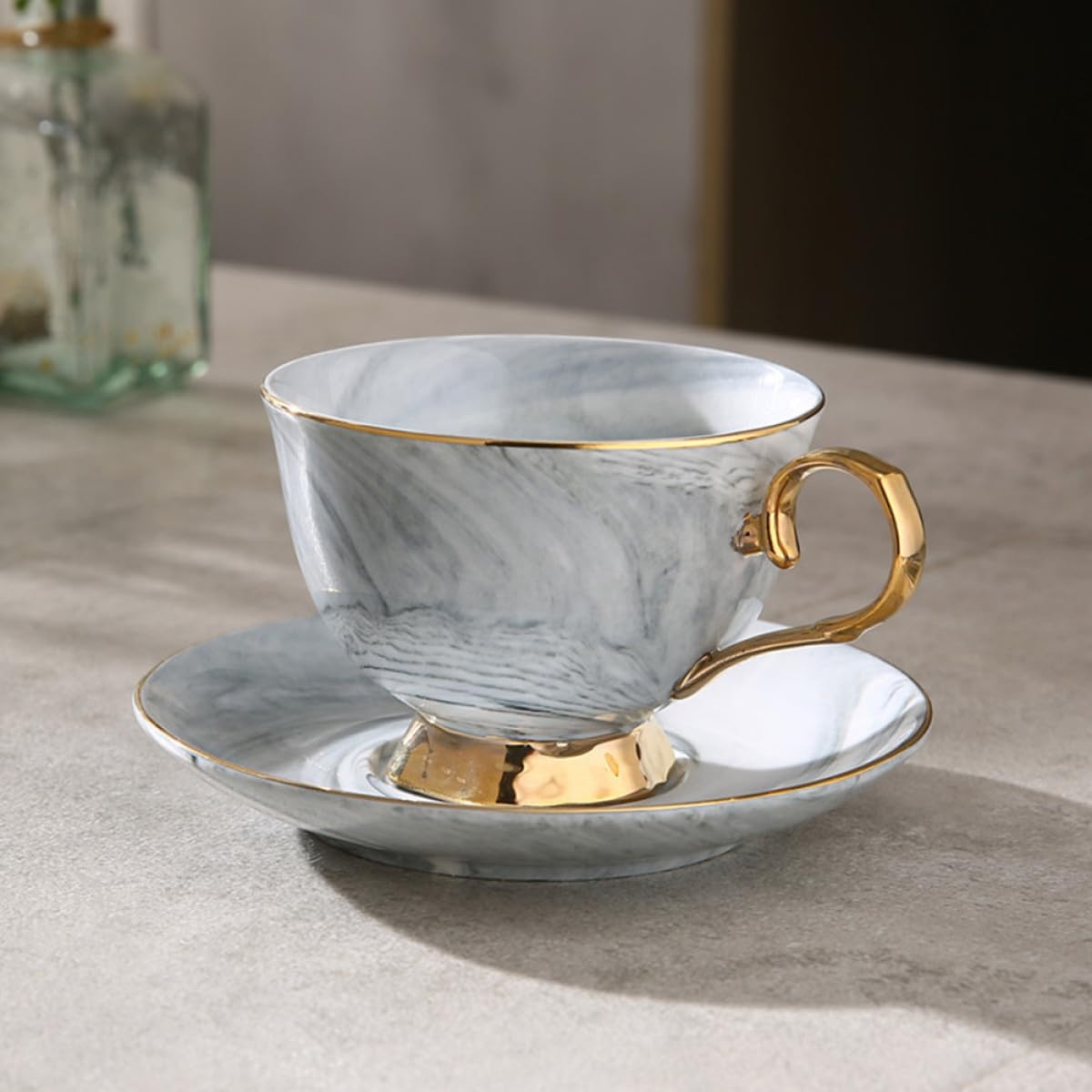 Juego de Taza y Platillo de Cerámica 250ml con Diseño Mármol Nórdico | Tazas Cafe con Plato, para Leche, Zumo, Café, Té, Chocolate Caliente, Agua y Otras Bebidas