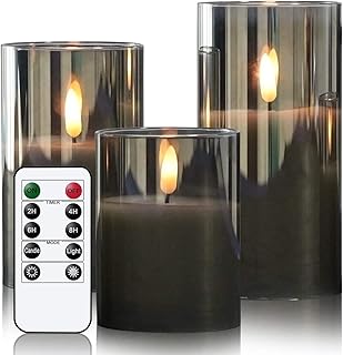 Eldnacele LED Candles with Timer Function, Flameless Candles with Remote Control, Electric Real Wax Candles in Glass, Flickering Flame, 3-Piece LED Candle Set, Art Room Decoration, Grey