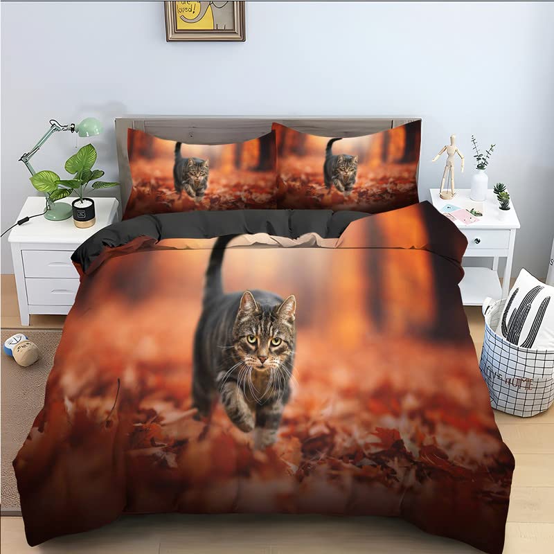 Housse de couette 240 x 260 chat roux infroissable en microfibre 110g/㎡