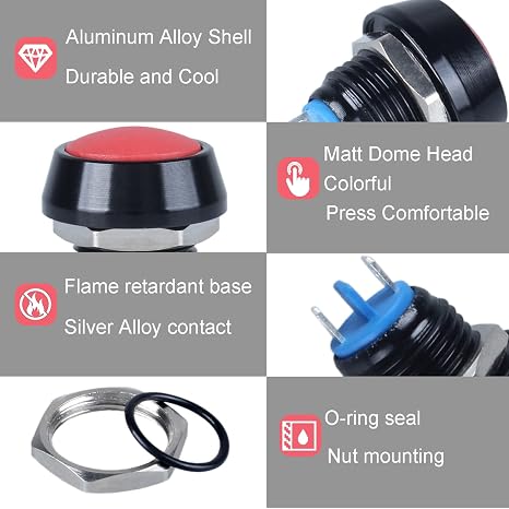 2pcs 12mm Waterproof Metal Momentary Domed Push Button Switch 3A 12V 24V 110V 1NO ON-Off Reset Micro Switch Aluminium Black Shell (Pin Terminal Red Button)