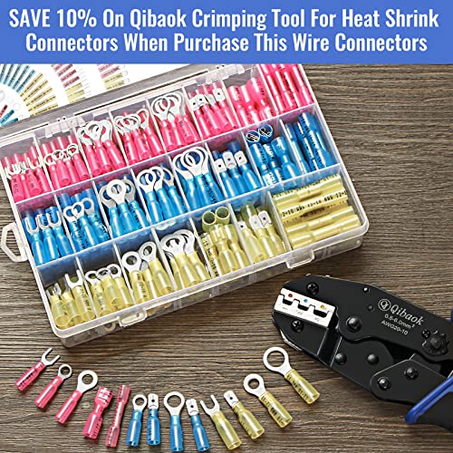 500 Pcs Heat Shrink Wire Connectors Qibaok Insulated Electrical Terminals Kit Waterproof Marine Crimp Connector Assortment Ring Fork Spade Butt Splices #TOP5