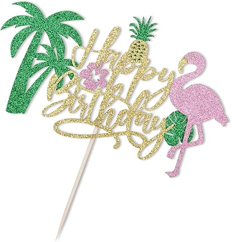 Miniatura 4 de PALASASA Decoración para tartas de cumpleaños con flamenco con purpurina, temática hawaiana de piña tropical Luau para niños y niñas, suministros de