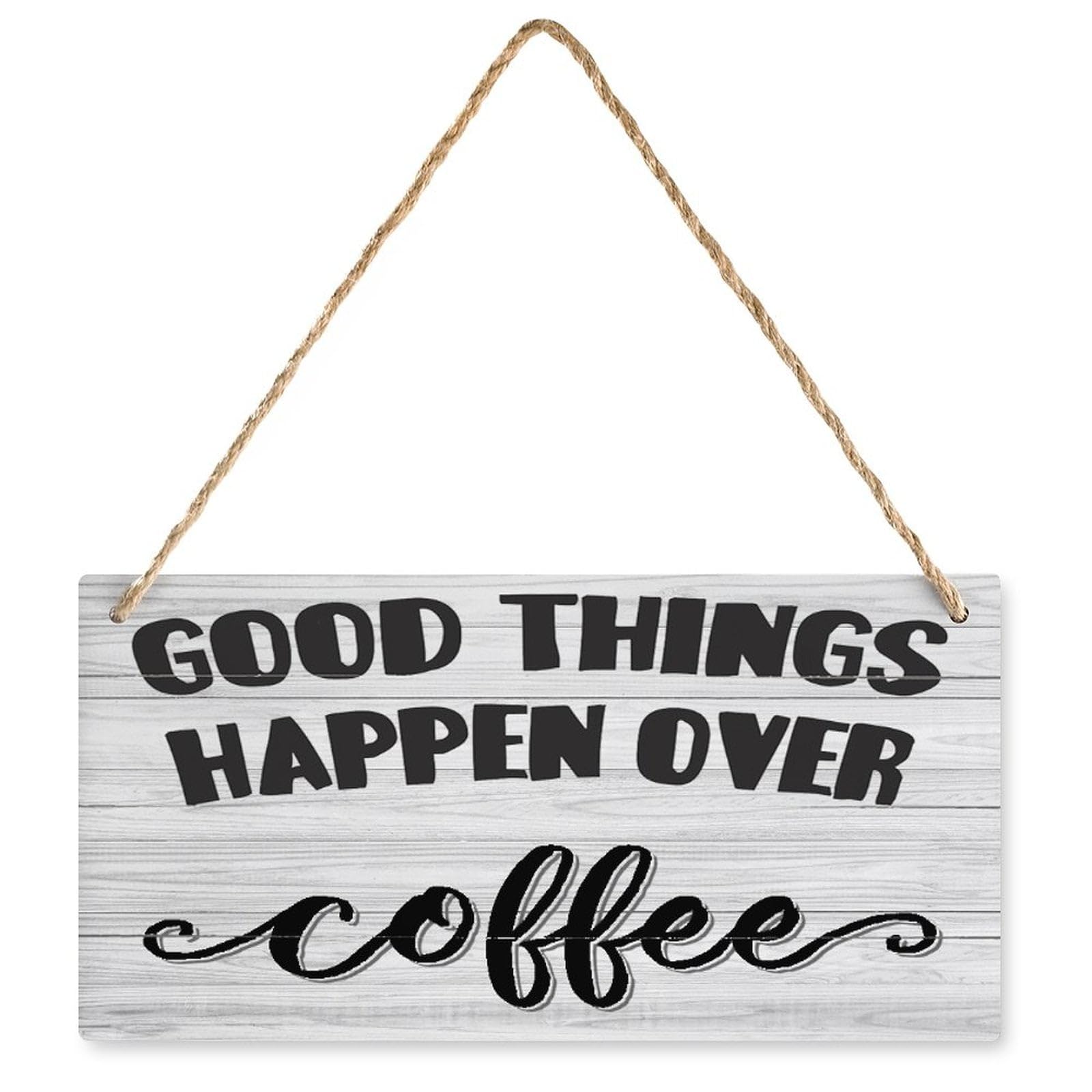 Good Things Happen Over Coffee Wooden Hanging Sign - 12X6 Inch Inspirational Wall Decor for Bedroom Home, Coffee Lover Gift