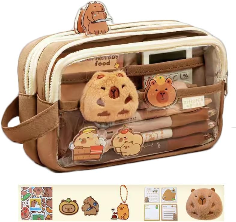 JollyDragon Capybara Pencil Case,Cute Capybara Pencil Pouch,Transparent Pen Pouch with Compartments,Wide Opening Mouth Pen Case for Stationery Cosmetics Toiletry Storage